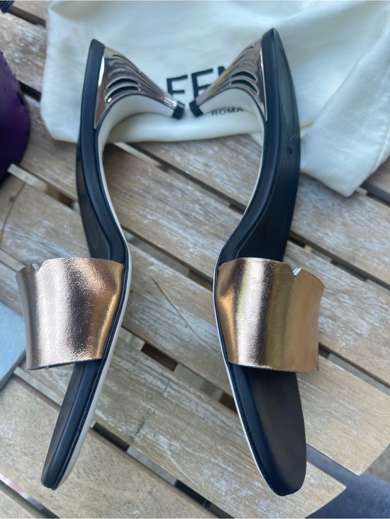 Fendi Shoes - Fendi FFreedom Metallic Leather Sandals shoes Fluted Kitten Heel - Size 38 7.5